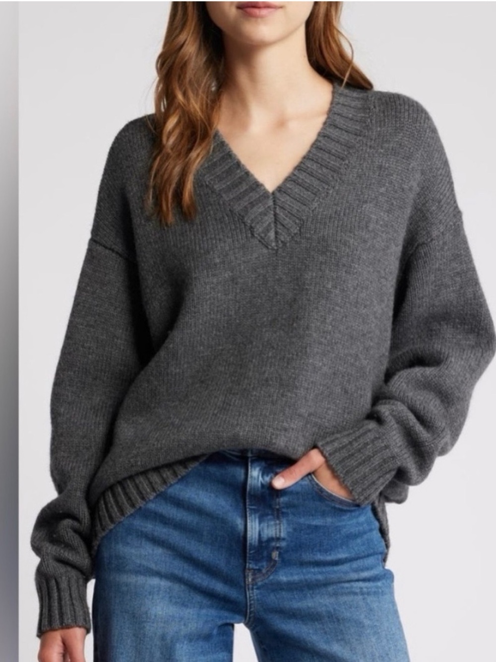 Frame women’s oversized wool cashmere V-Neck sweater chunky Charcoal Gray XS